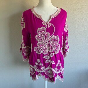 Solitaire Embroidered Floral 3/4 Sleeve Peasant Boho Top Fuchsia Pink Women M